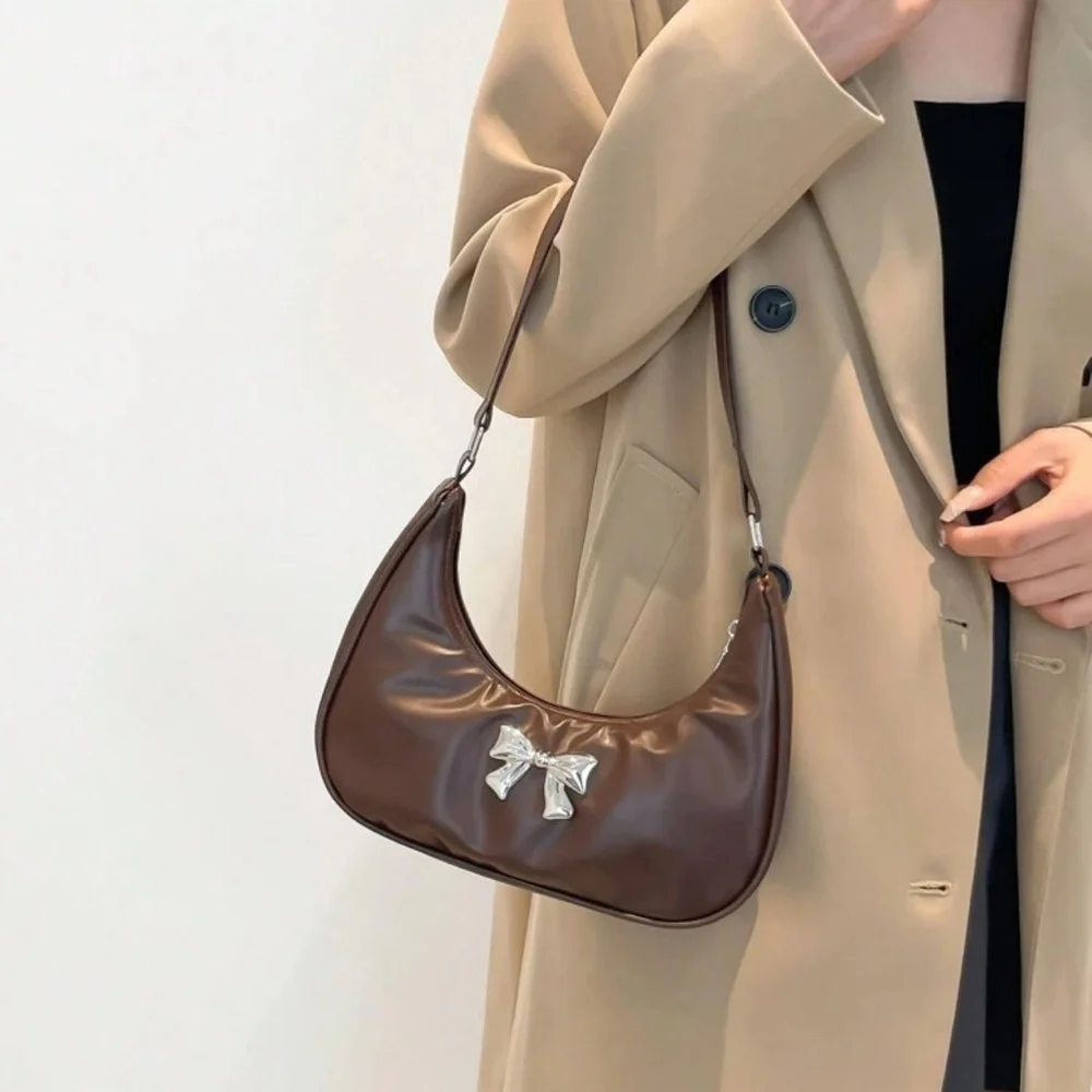 Brown Faux Leather Shoulder Bag with Silver Bow Detail | Coquette | NWOT